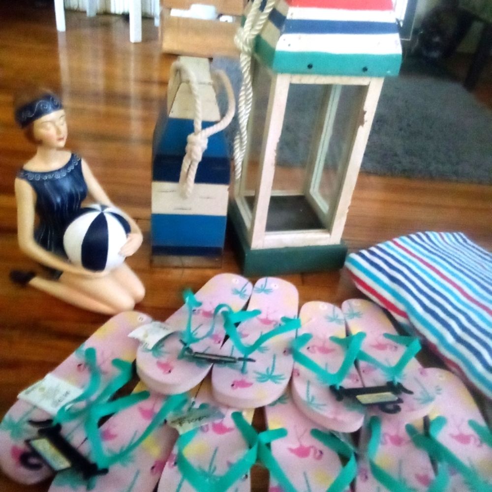 Ladies flip flops,dept 350 Aqua and pink flamingo